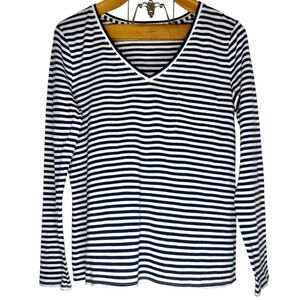Garnet Hill 100% Organic Pima Cotton Striped Weekender V- Neck Long Sleeve Tee M